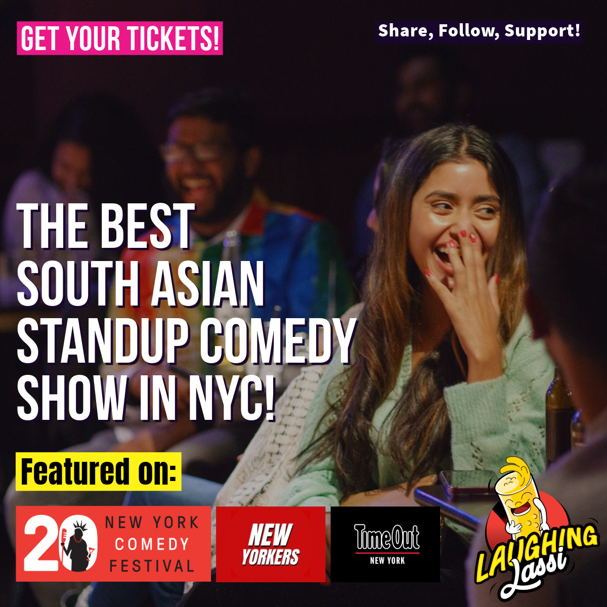 Show flier for the South Asian Comedy show entitled Laughing Lassi. Photo of comedian on stage before a live crowd.
